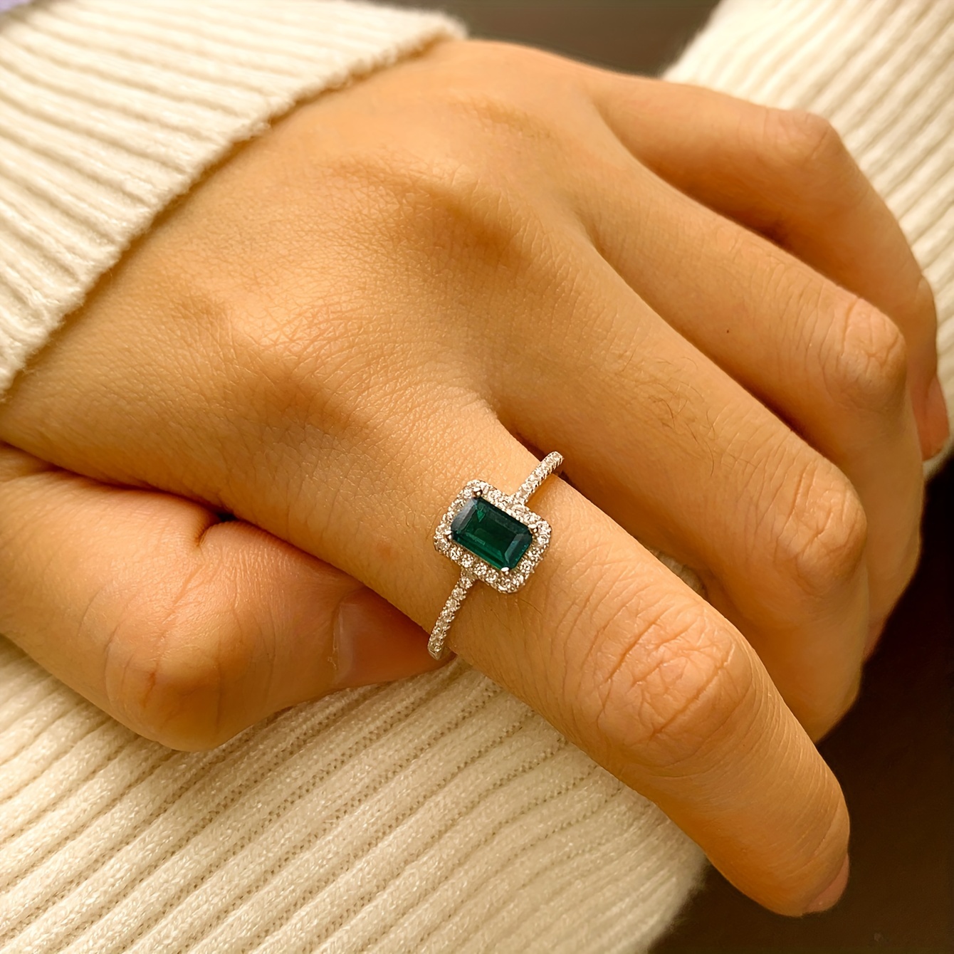 Women's 925 Sterling Silver Geometric Rectangle Ring, April Birthstone