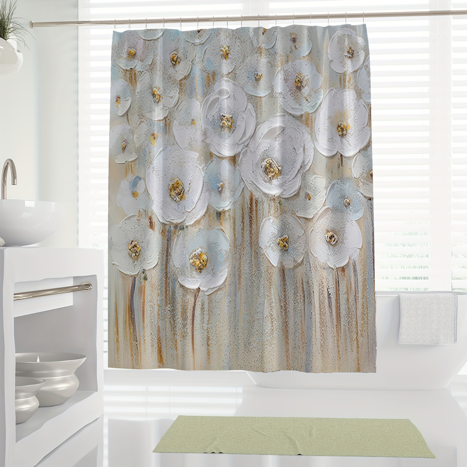 

1pc Modern Luxury White Floral Oil Painting Digital Print Shower Curtain, Aesthetic Bathroom Decor, Washable Shower Curtain