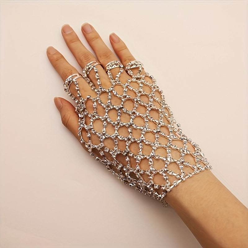 Claw Chain Rhinestone Mesh Hollow Bracelet with Shiny Ring Hand Chain
