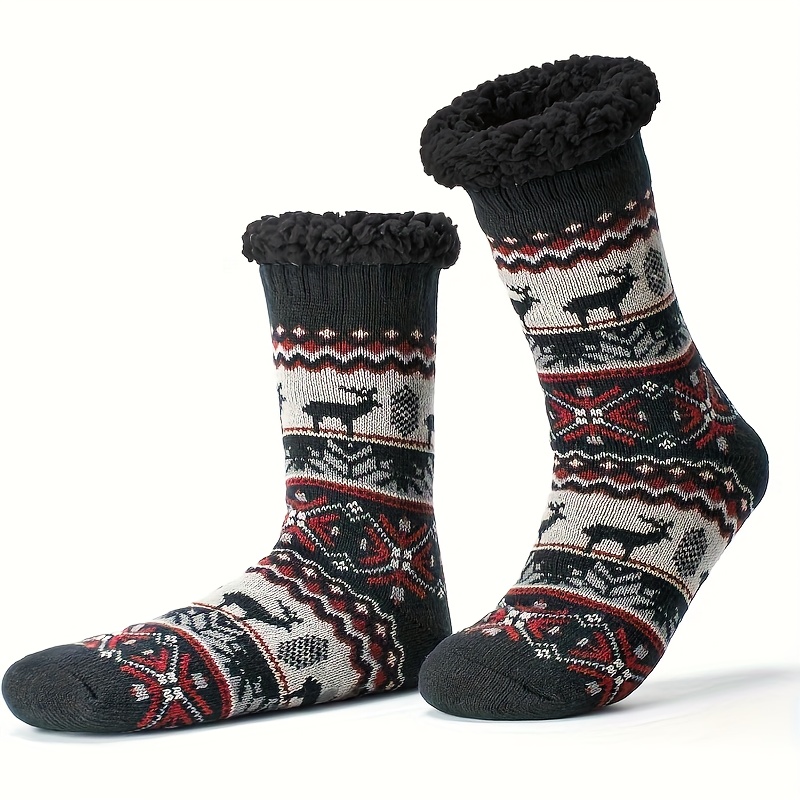 1 Pair Men's Slipper Socks - Non-slip Grip, Warm Winter Socks, Sherpa Lining, Floor Socks - Winter Gift, Holiday Gift, Present And Stocking Stuffer - 2pcs