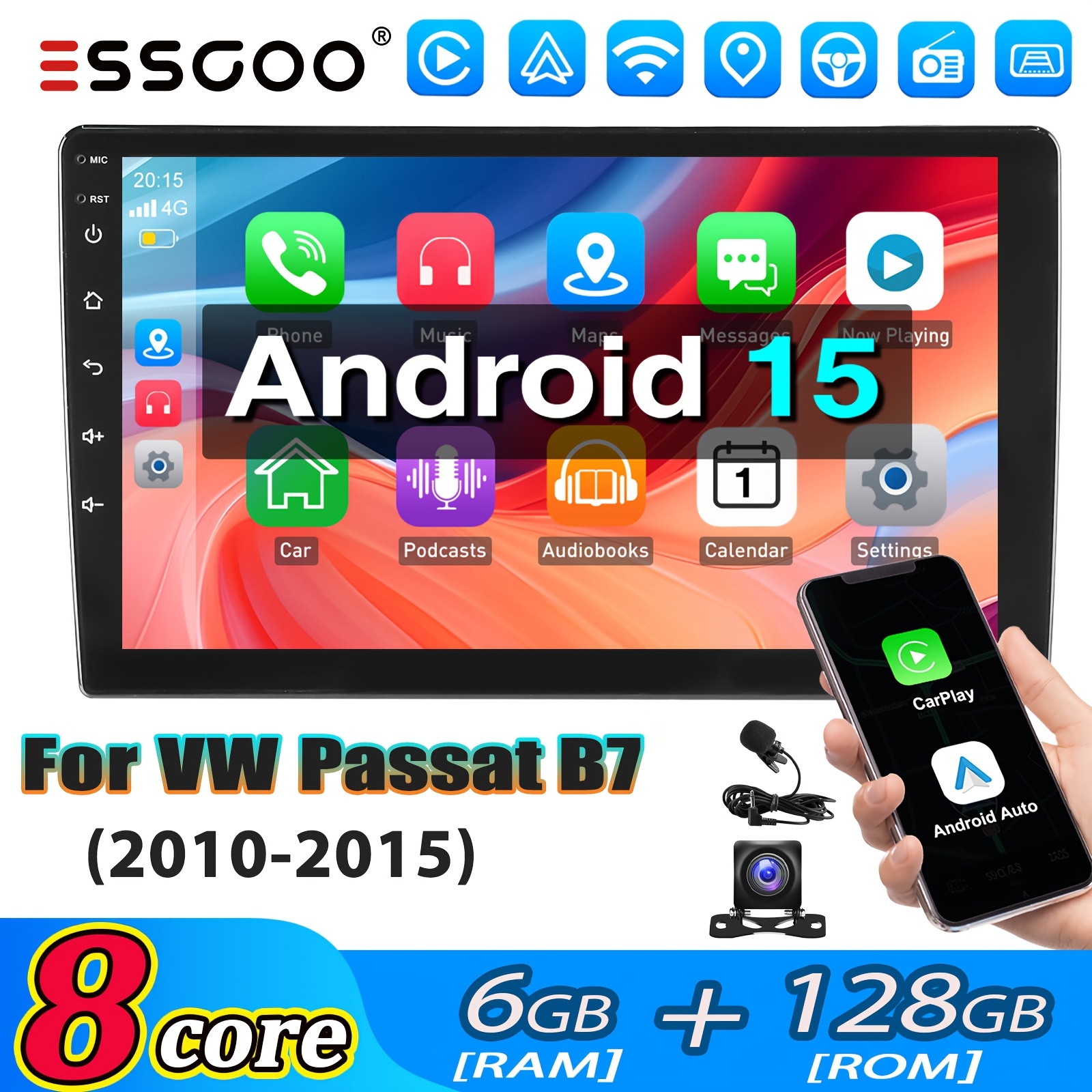 Essgoo 15 Car Stereo With Camera&backup Camera 8 Core Fans Cooling Function For Vw B7 (2010-2015) | 10-inch Touchscreen | 6gb + 128gb Rom | & Auto | Can-bus | Steering Wheel Control Support |fm