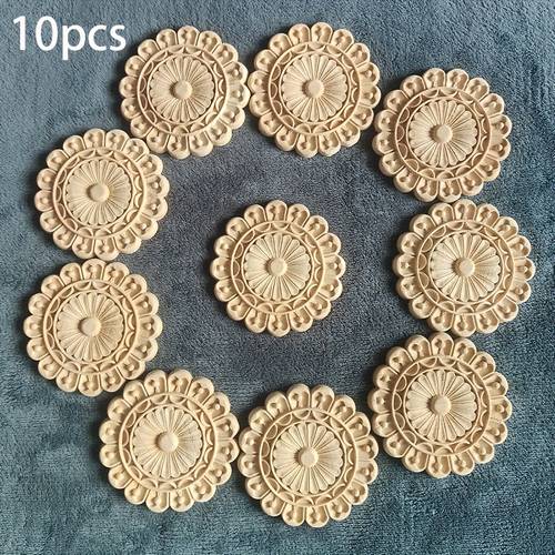 10pcs solid wood carved inlaid round wooden appliques 10cm 3 93inch unpainted wood carving decals suitable for cabinets doors and windows furniture accent walls offices holiday decorations diy crafts trim ornaments