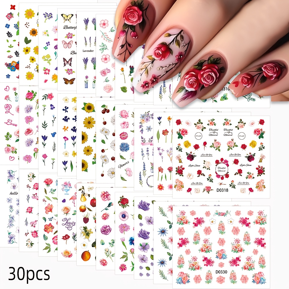 30pcs () Self-adhesive 3d Flower & Nail Stickers Suitable For Women &, Glitter Floral Decals With Lilies, Orchids, Spring Summer Diy Manicure, Salon Nail, Temporary Nail Decorations