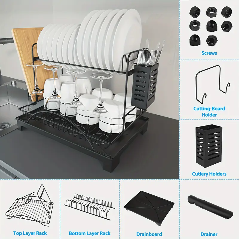 2 3 tier large dish drying rack with heavy duty iron kitchen organizer for dishes utensils cups knives space saving countertop storage with lower compartment Product details 6