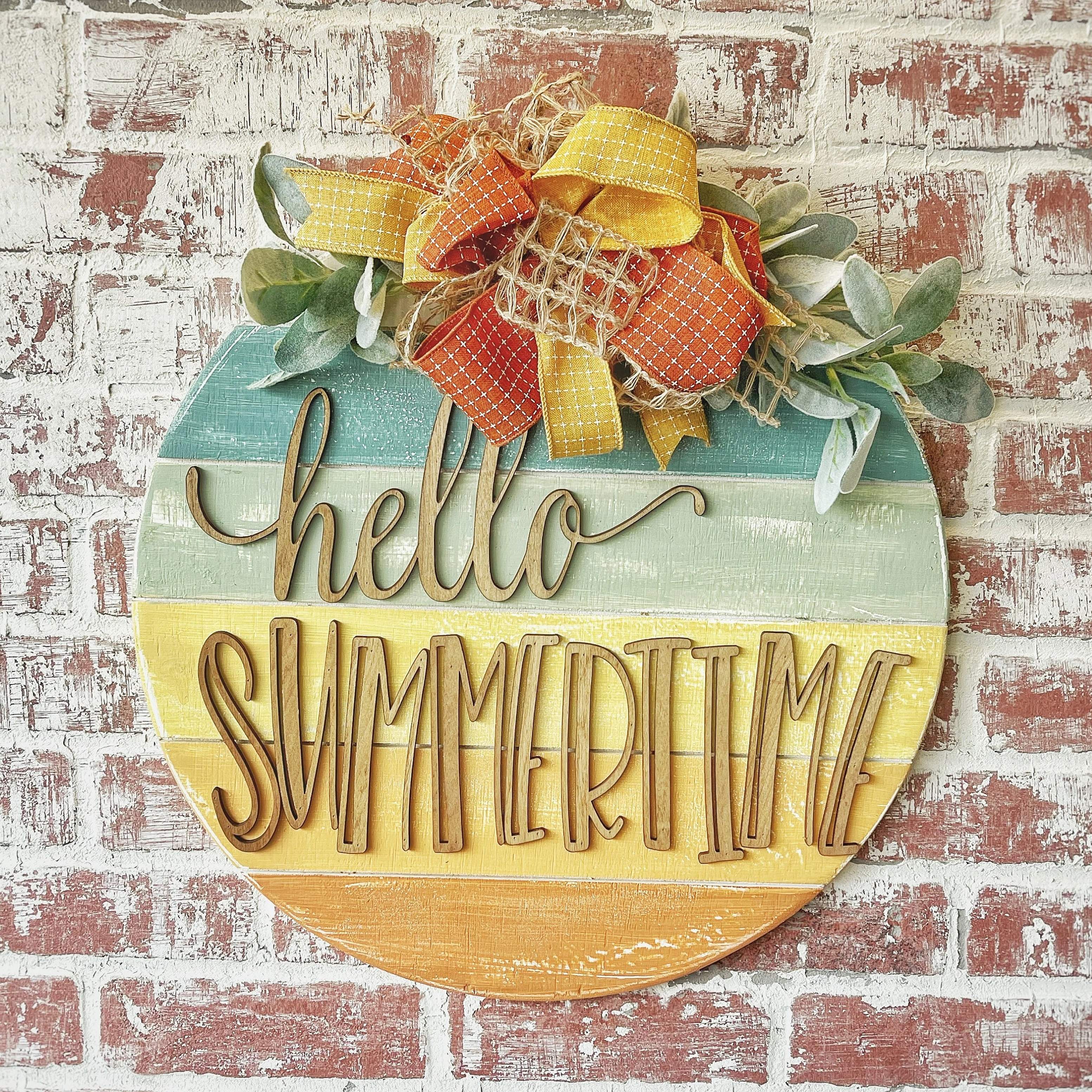 

1pc, Summer Wreath, Summer Door Hanger, Round Wooden Door Hanger, Welcome Sign, Hello Sign, Front Door Wreath, Front Door Decor, Summer Decoration