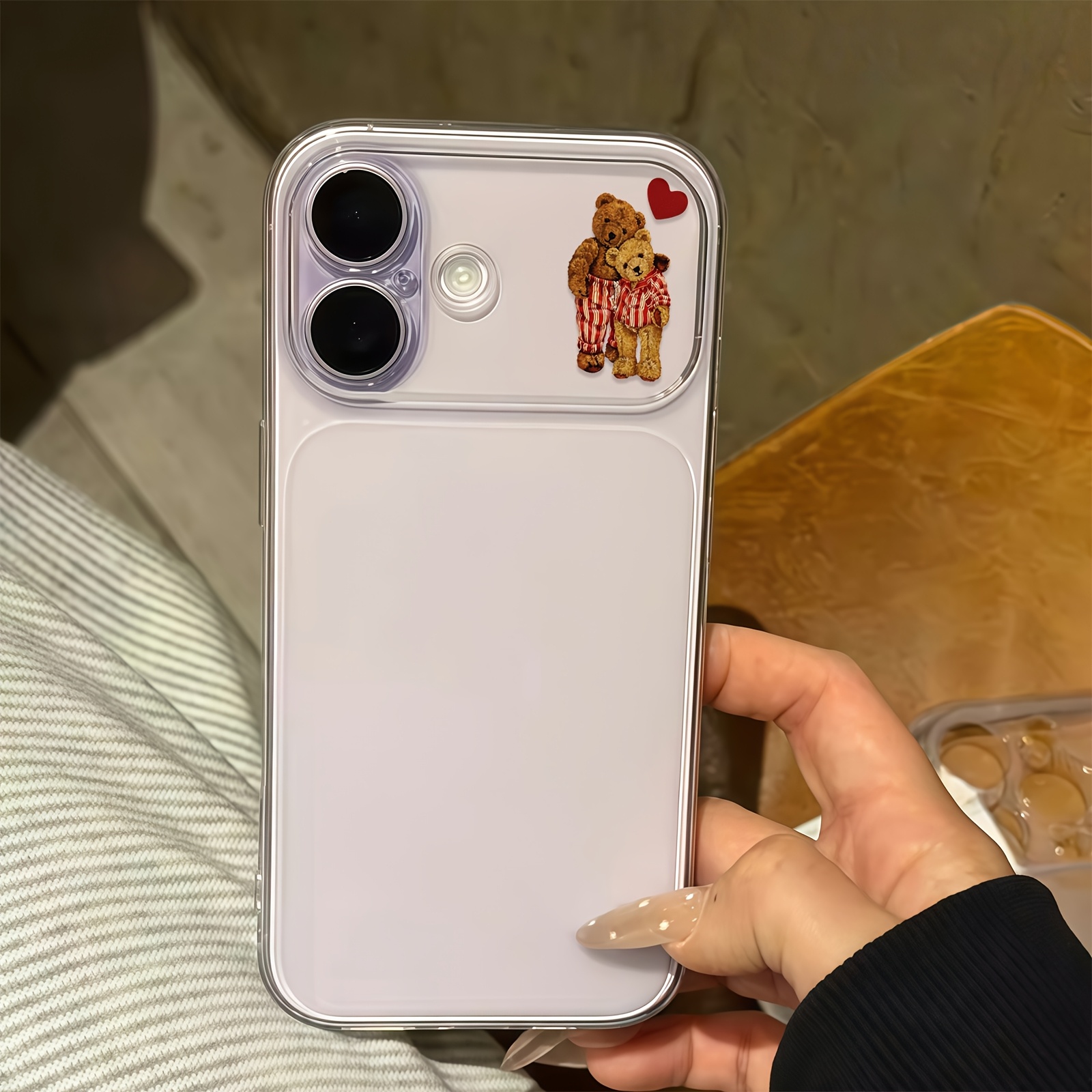 TEMU Phone Case - 1pc -thin Instant Big View Window Phone Case, Big View Window Bear Phone Case, Raised Camera Protection Area Retro Striped Teddy