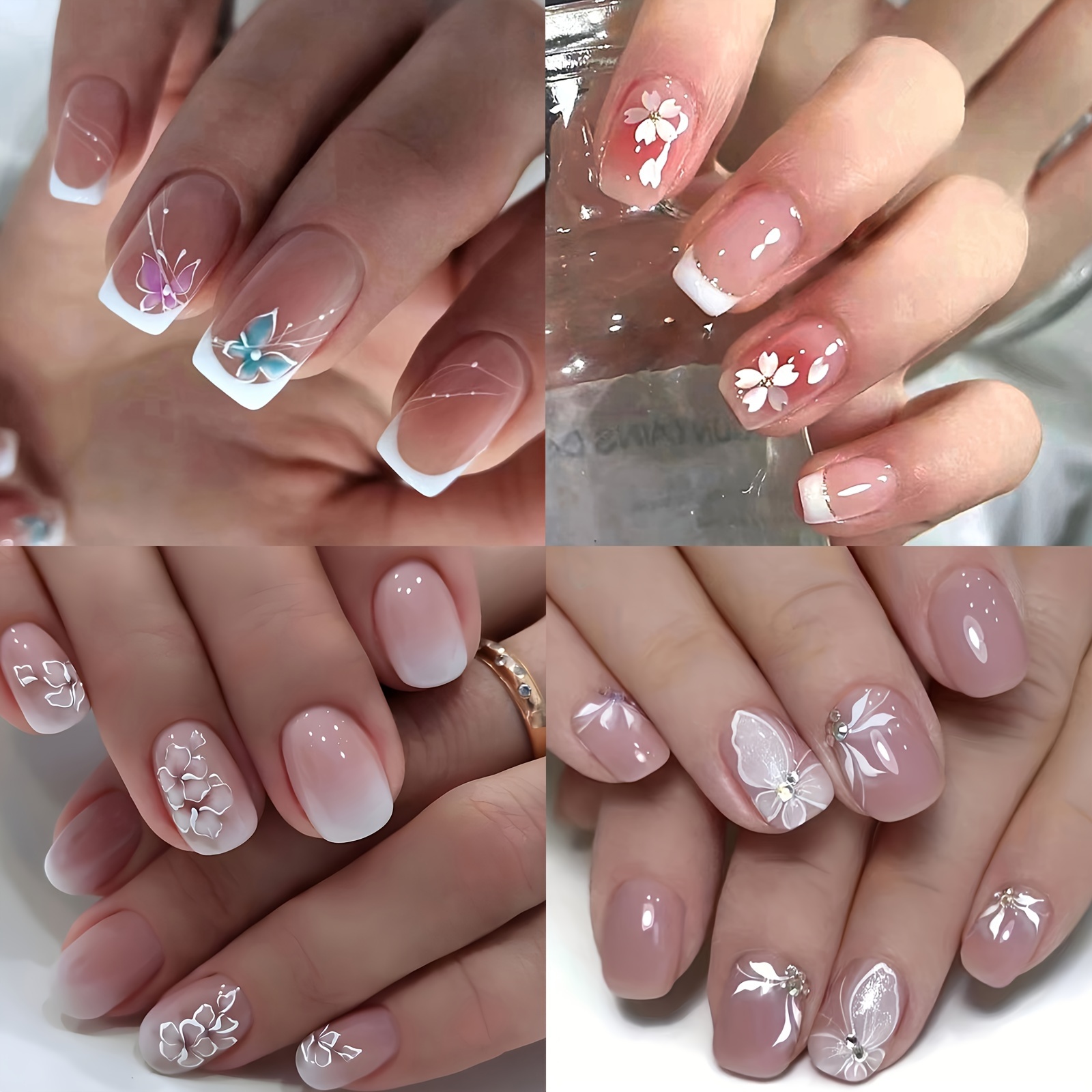 

4 Sets (96pcs) Simple Cute Floral Petals Ombre Short Square Press-on Nails, Removable Fake Nail Tips For Fingernails And Toenails, Suitable For Women And Girls