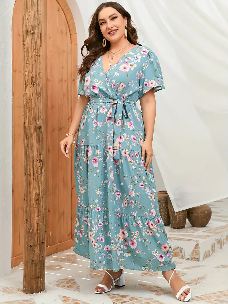 Plus Size, Womens Plus Size V Neck Wrap Maxi Dress High Waist Ruffle Summer Casual Dress with Belt Plus Size, Womens Plus Size V Neck Wrap Maxi Dress High Waist Ruffle Summer Casual Dress with Belt