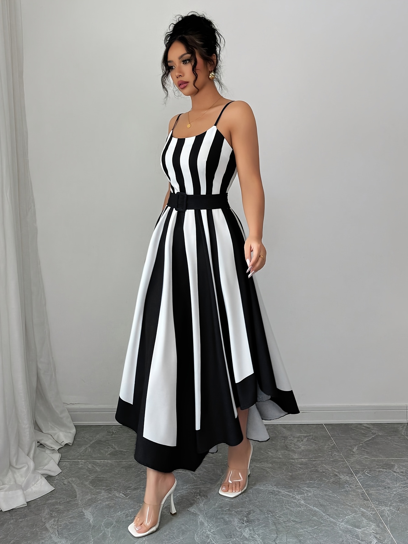 womens classic striped color block waist cinching shaped - Temu