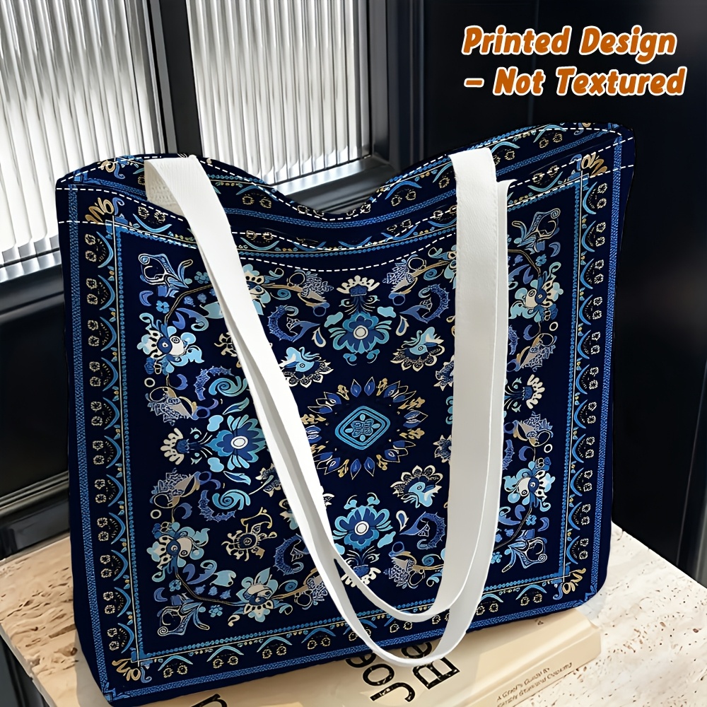 TEMU 1pc Blue Floral Pattern With Golden Embellishment Pattern Print Women's Shoulder Bag, Crossbody Bag Hand/backpack Dual Use Reusable, Exquisite ,