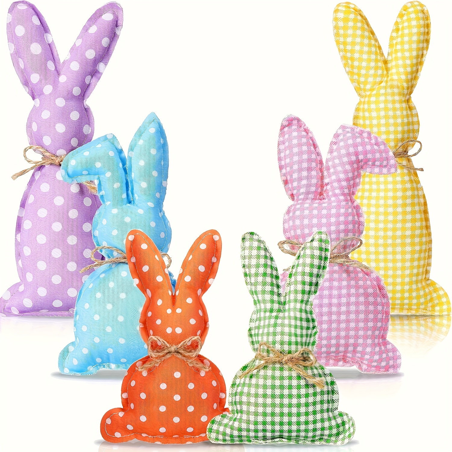 

6pcs Rustic Easter Bunny Decor Farmhouse Fabric Bunny Ornament Polka Dot Grid Easter Basket Bowl Fillers For Tiered Tray Desk Table Top Wedding Home Easter Centerpiece Decoration