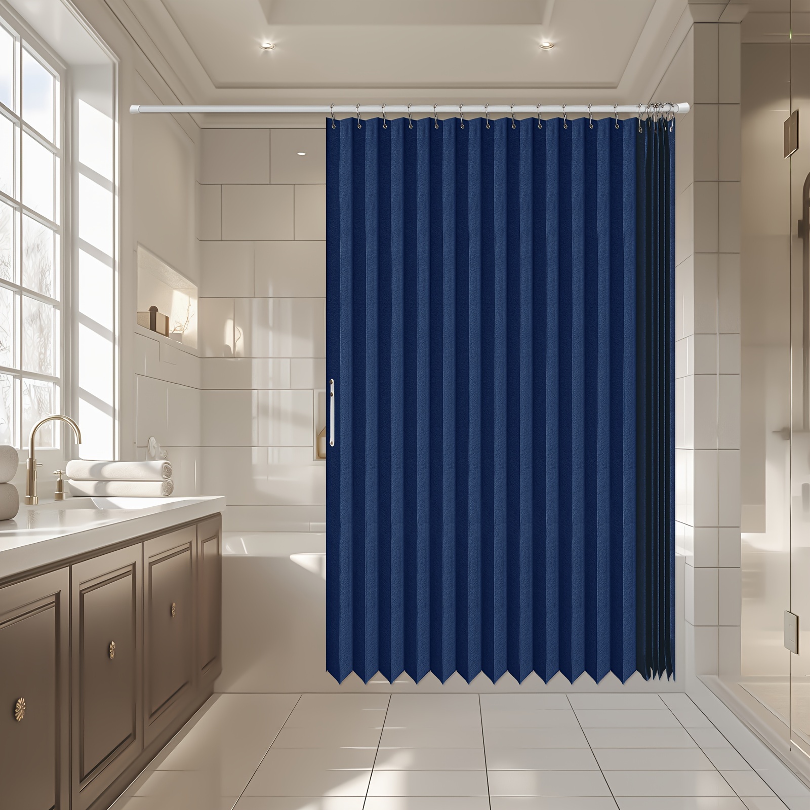 

1pc Blue Magnetic Folding Shower Curtain - Waterproof Polyester, Fabric With Hooks Included, Home, Hotel, Bathroom Decor, Shower Curtain For Bathrooms