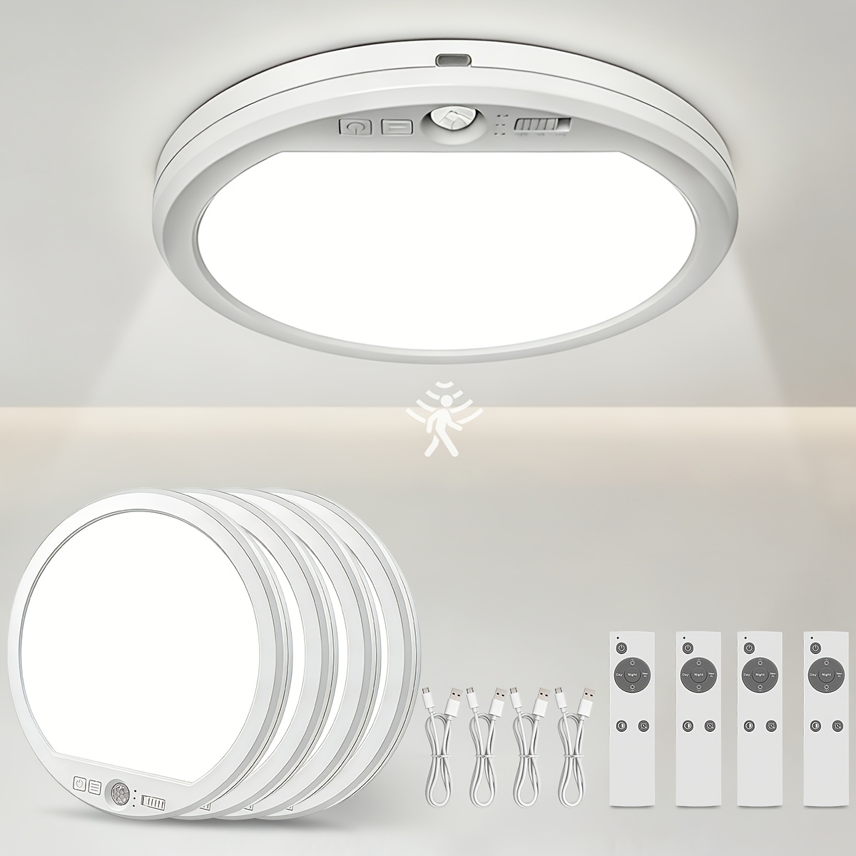 4pcs/2pcs Motion Sensor Ceiling Light Rechargeable With Remote Control And Timer, 3 Color Temperatures, 3000k-6000k Dimmable, Large Capacity 5000mah Battery, For Bedroom, Room, Hallway Decoration