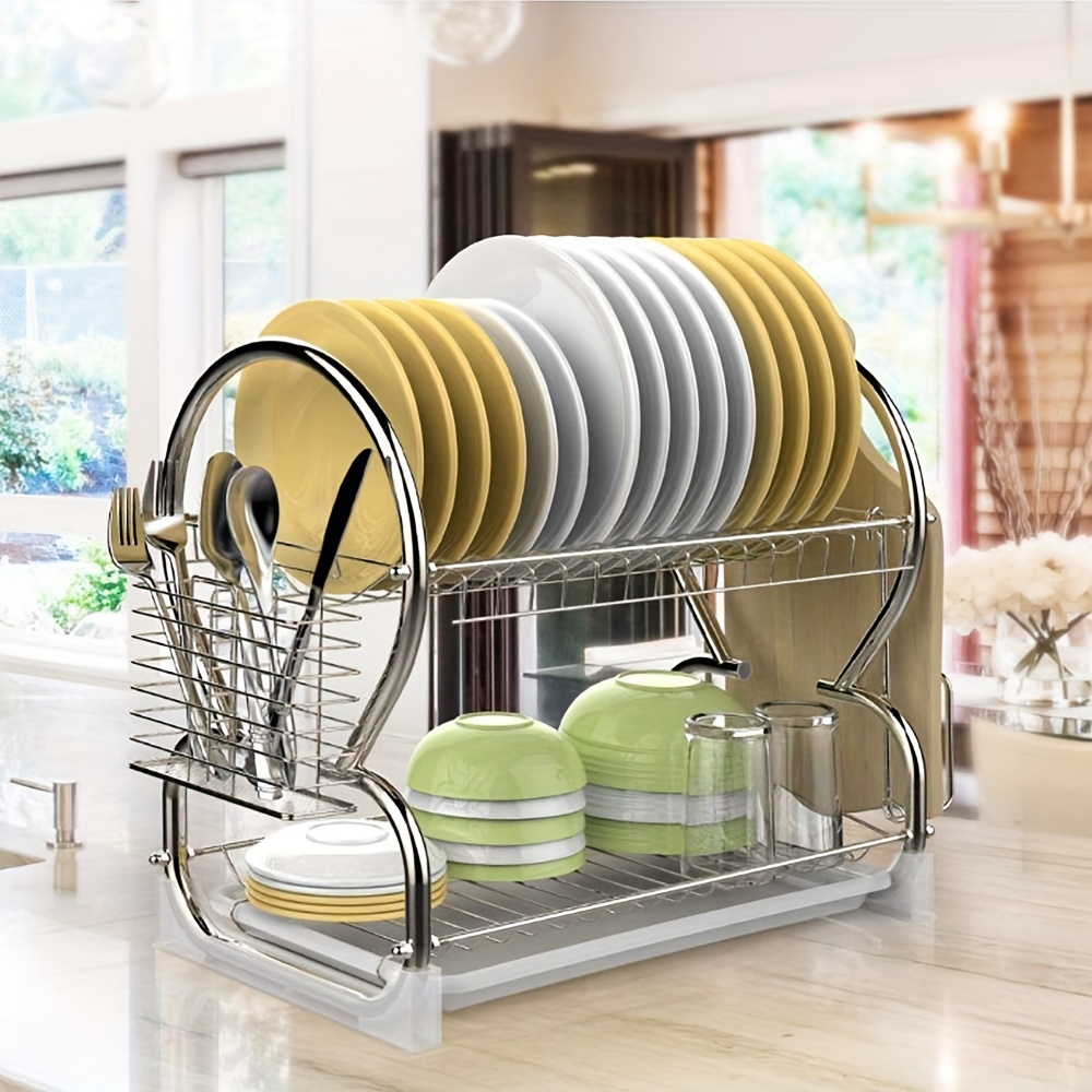 TEMU 2-layer Dish Rack, With Plastic Drip Tray, Stainless Steel Dish Rack, Sink Dish Drying Rack With Utensil Holder, Portable Dish Drying Rack,