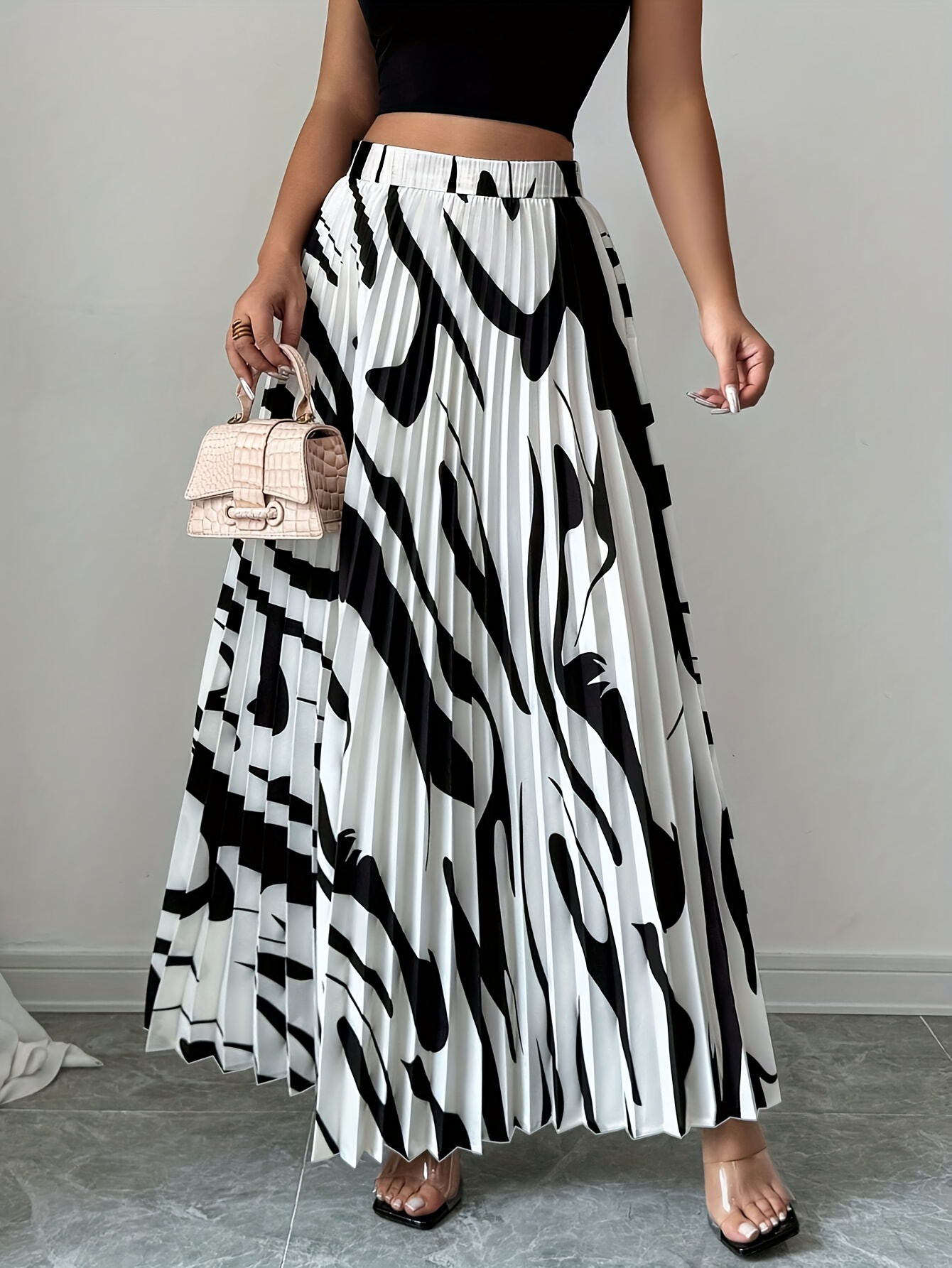 elegant plus size womens zebra print pleated maxi skirt high