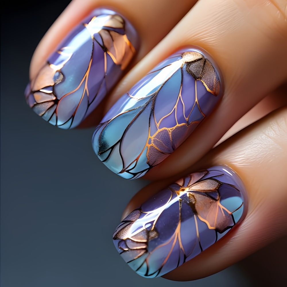 

24pcs Set Medium Oval Press-on Nails - Blue & Purple Gradient With Leaf Design, Reusable False Nails For Women And Girls