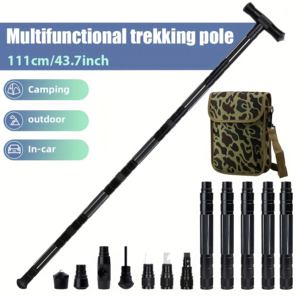 

Adjustable 106cm Black Trekking Pole With Carbon Tip, Aluminum Alloy, Collapsible With Internal Storage And Canvas Carry Bag For Hiking And Outdoor Survival, Hiking Accessories