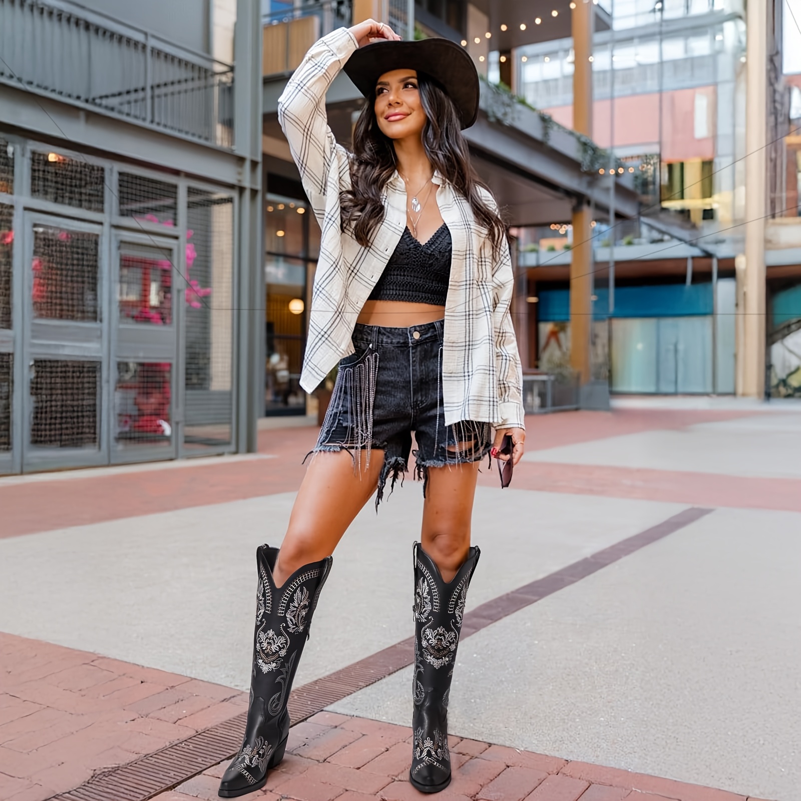 knee high cowgirl boots women wide calves featuring glitter Temu