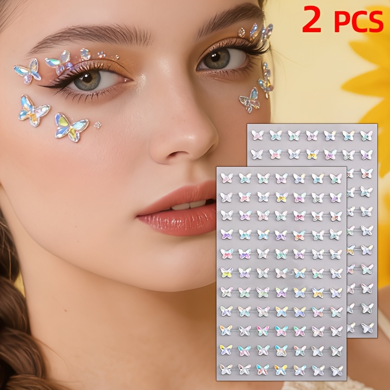 Image of 2pcs Holographic Face Gems Stickers, Shiny Ab Rhinestone Patterns, Self-adhesive & Sparkly, For Music Festival, Rave, Cosplay, Party, Face Decor & , Essential