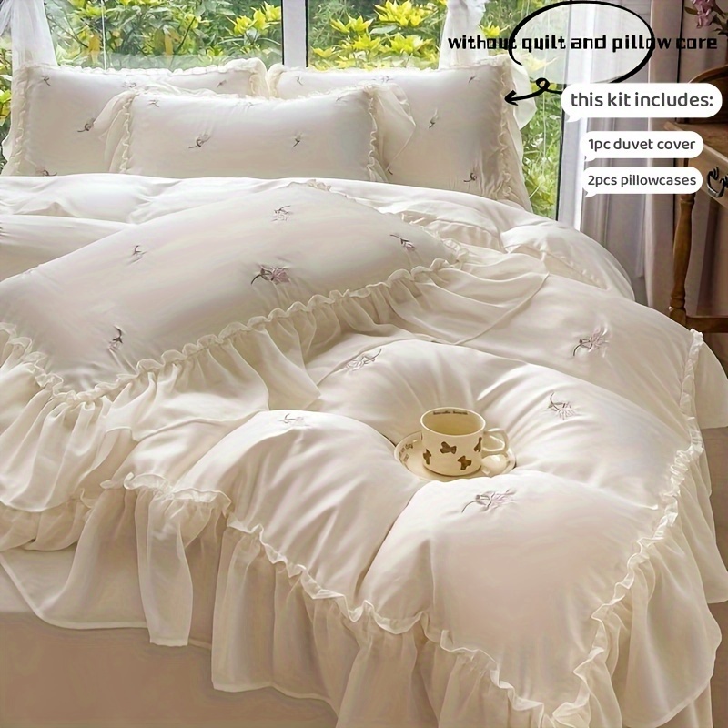 Image of Pink Lace Bedding 3pcs Set Rose Flower Duvet Cover And Pillowcases
