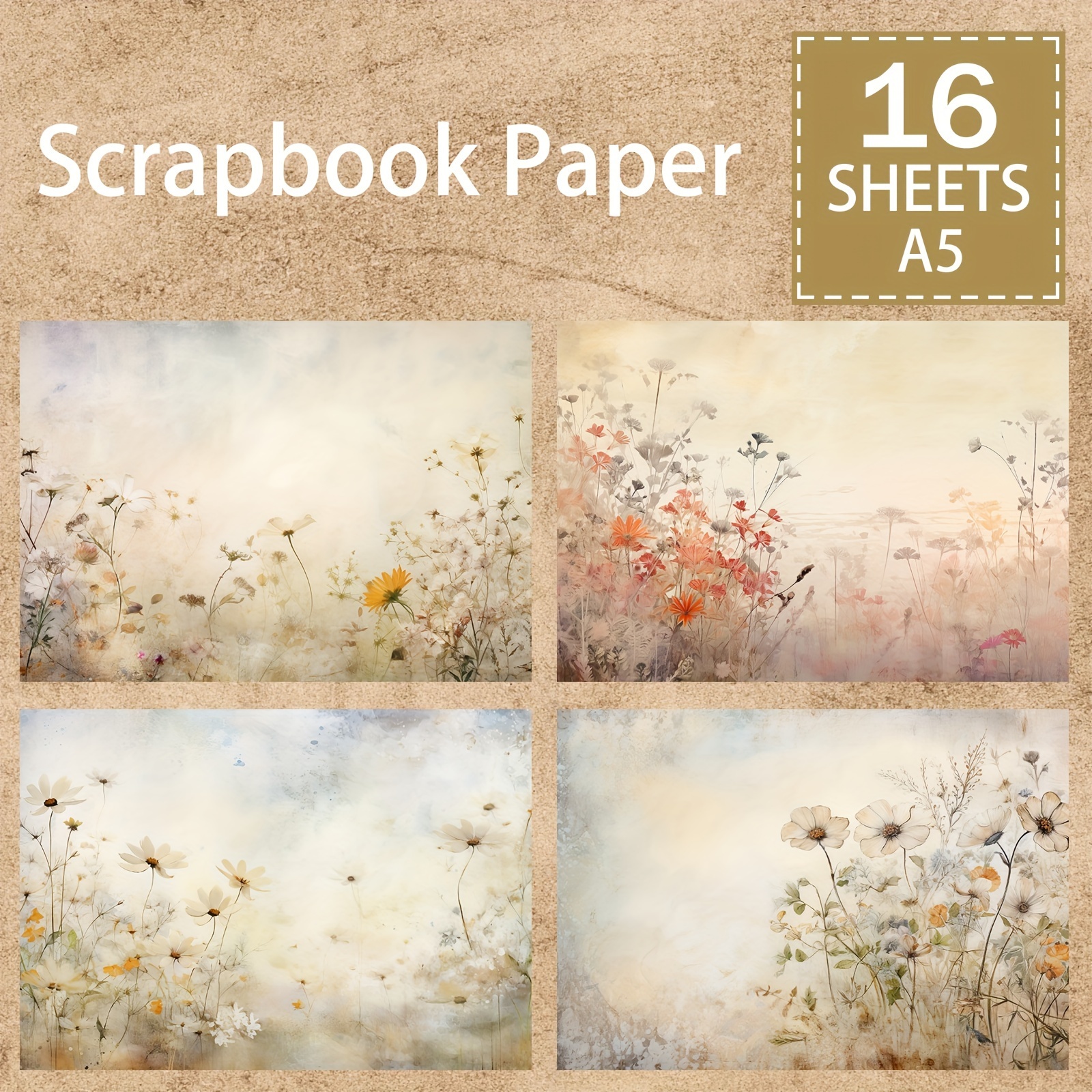 

16 Sheets A5 Size Retro Watercolor Flower Bouquet Flower Plant Background Material Decoration Diy Retro Journal Junk Journal Greeting Card Planner Scrapbook Background Card Pad