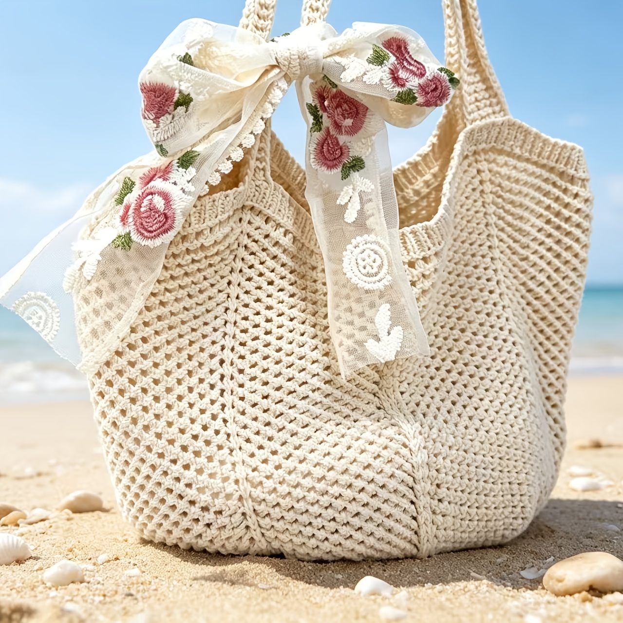 TEMU Women's Crochet Tote Bag With Ribbon & Lace Trim - Lightweight Hollow-out Mesh Shoulder/crossbody Bag, Suitable For Travel, Beach, Shopping,