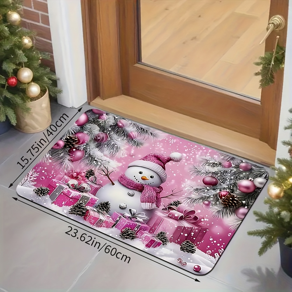 TEMU 1pc Pink Snowman Welcome Mat With Snowflake Design - Non-slip Winter Door, Machine Washable Indoor/outdoor Entrance For Christmas, New Year,