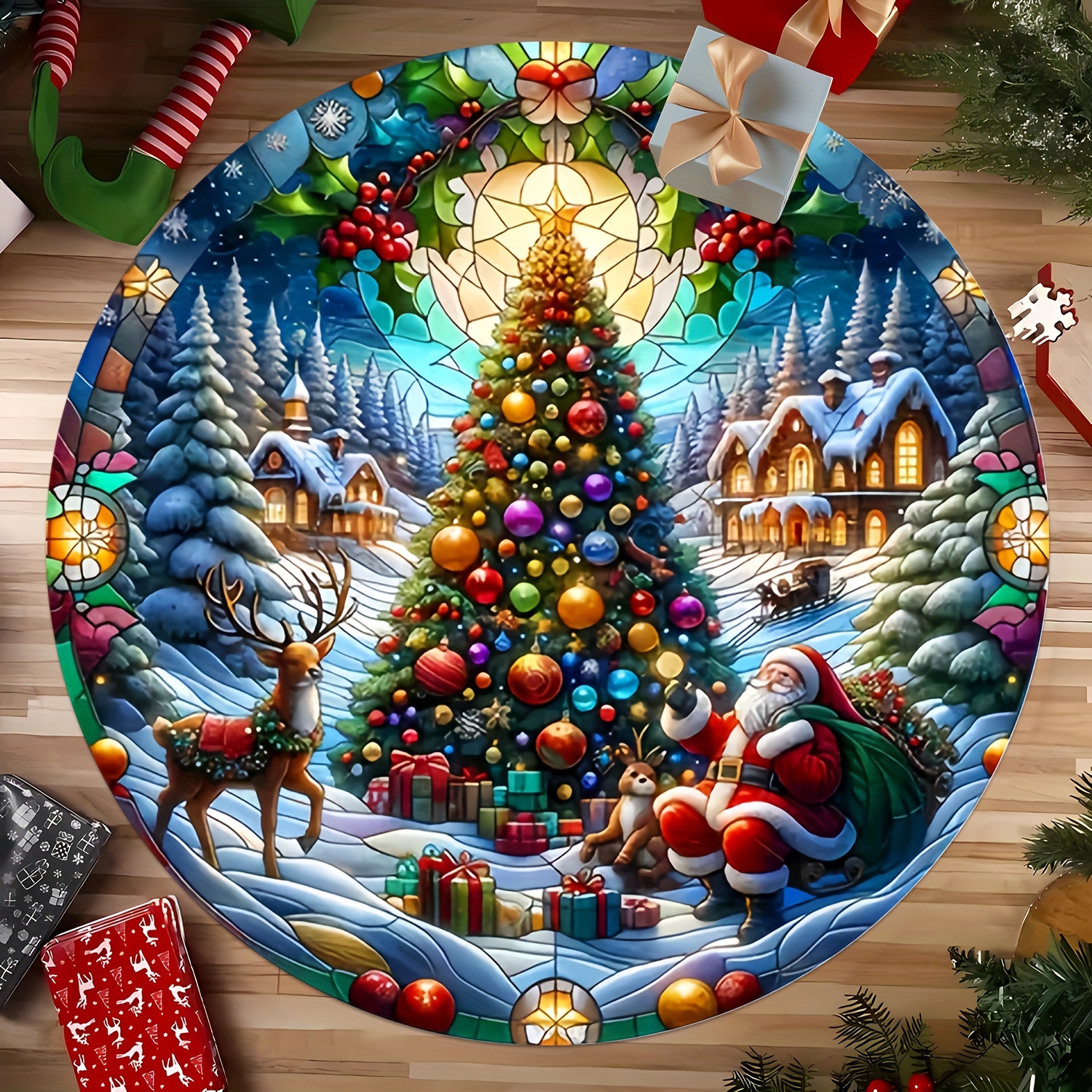 TEMU 1pc Festive Christmas Round Mat With Santa, Reindeer & - Washable Polyester Mat For Entryway, Living Room, Coffee Table, Bedroom, Outdoor Patio,