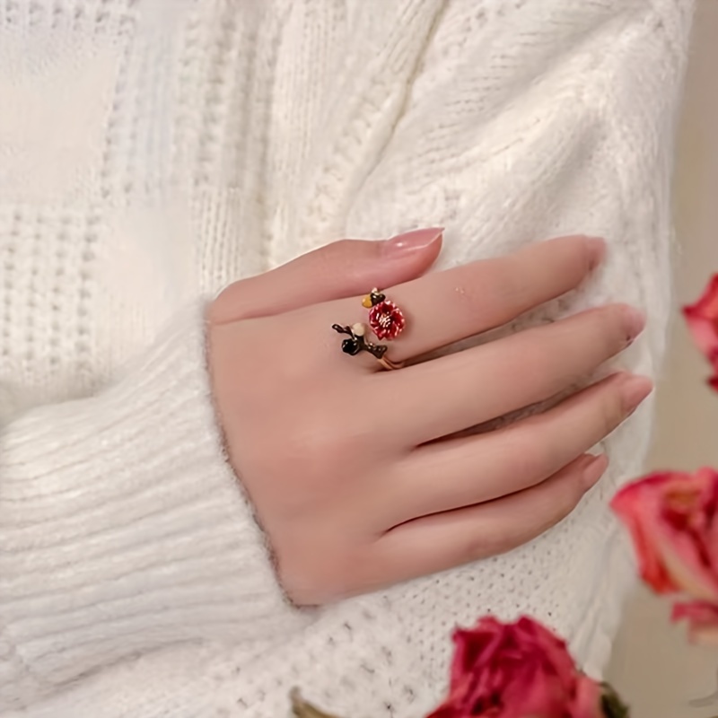 Vintage French-Style Enamel Floral Open Ring, Unique Design