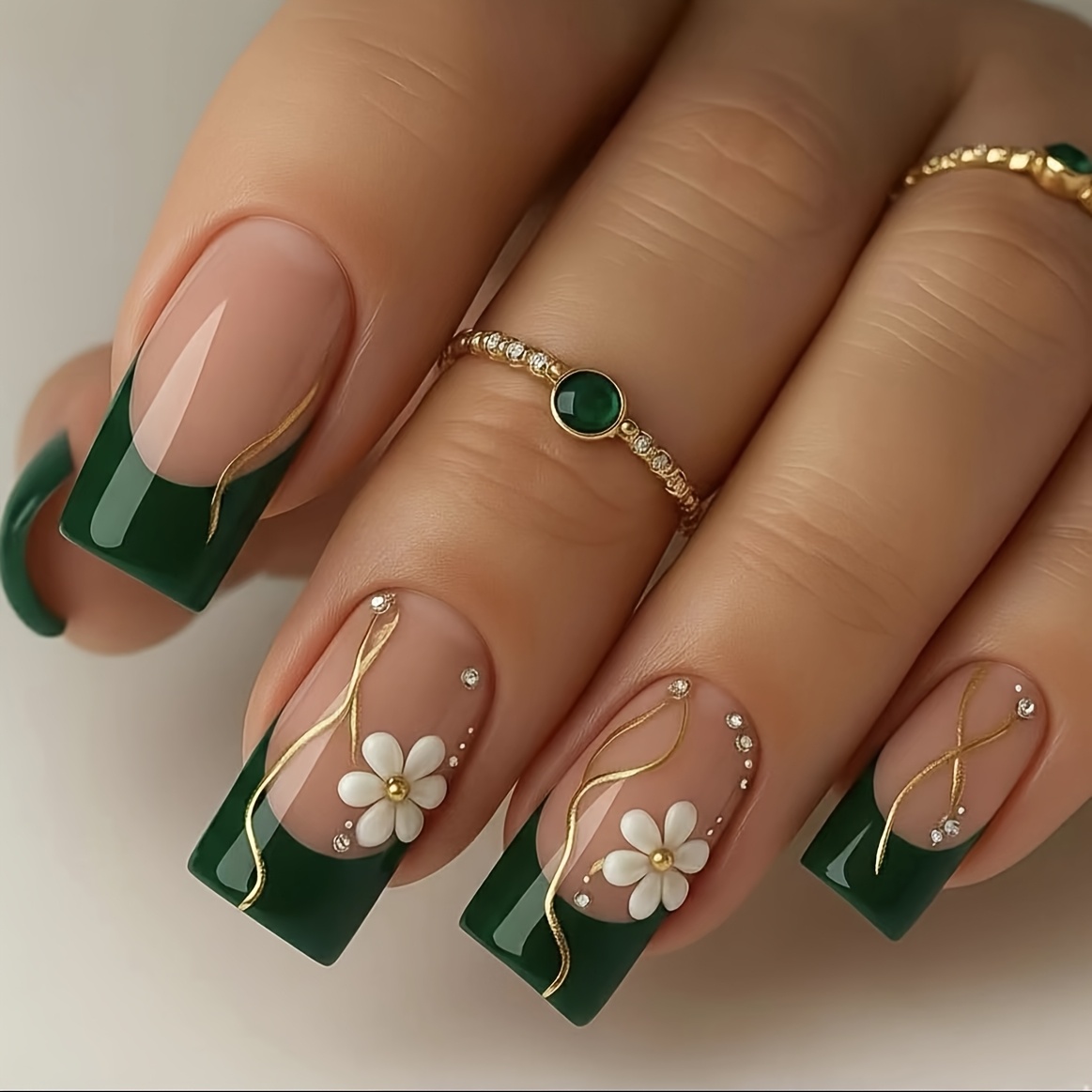 TEMU Nail Art For Women In A Long Green French Square Style, With Flowers, Diamonds, And Golden Cross Patterns, Perfect For Ladies And