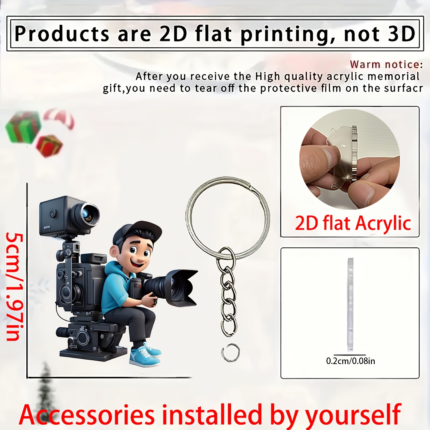 TEMU [2d Flat] [2d Flat] 2dflat2d Flat Cute Cartoon Photographer (carrying Multiple Cameras) 2d Flat Acrylic Keychain - Double-sided Printed Metal