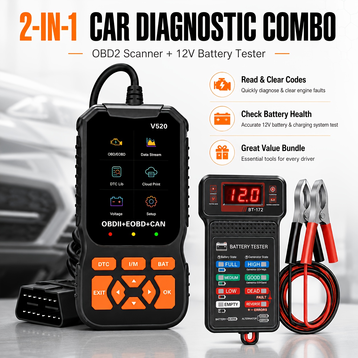 TEMU Scanner et de Batterie Numérique 12V Combo, Lecteur de Code Moteur de Voiture avec Vérificateur de Système de Charge d'Alternateur, Batterie