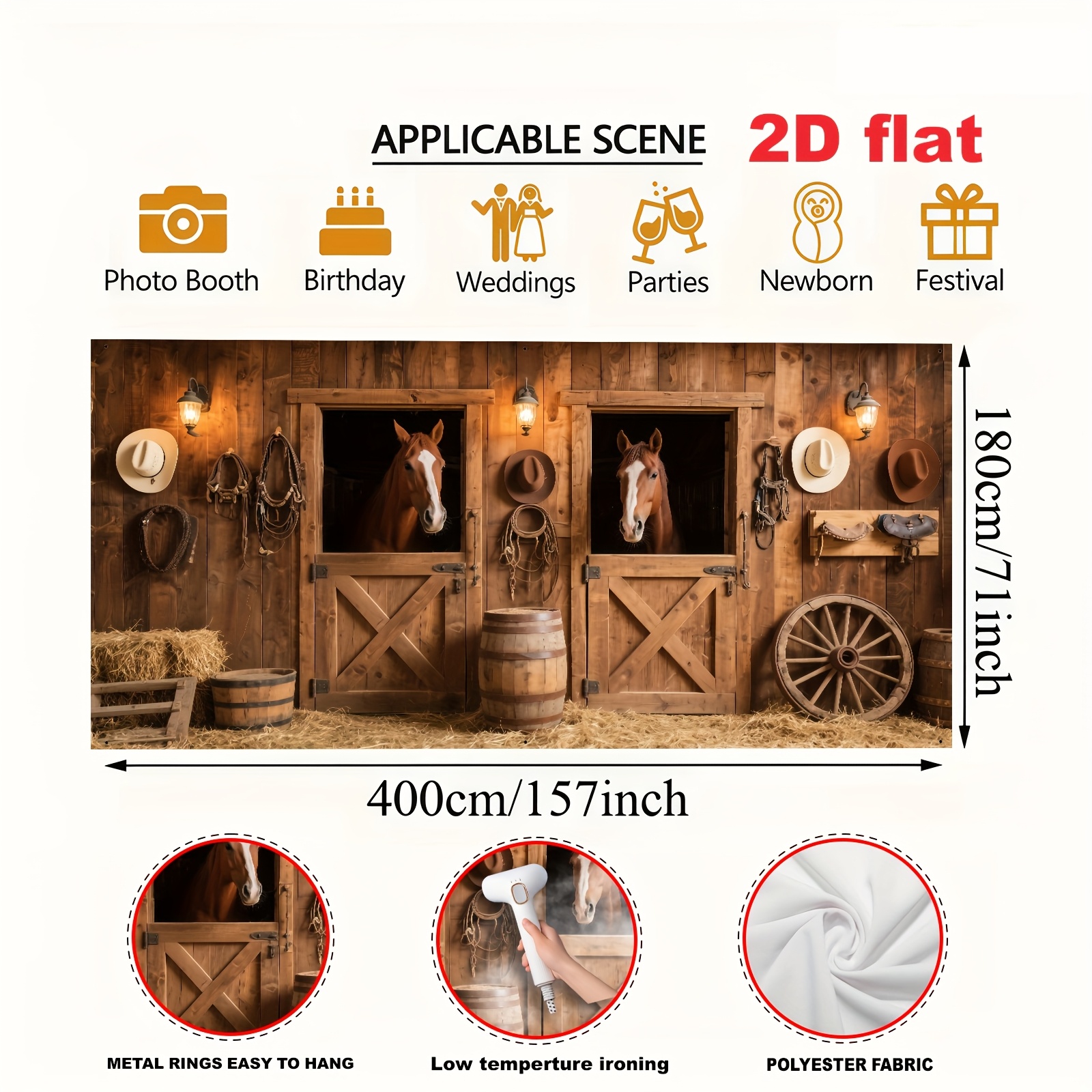 TEMU 2d Flat Banner (1pc, 157x71 Inches/400x180cm), Polyester Material, Rich Western Country Illustration Design With Brown Horses, Cowboy Hats &