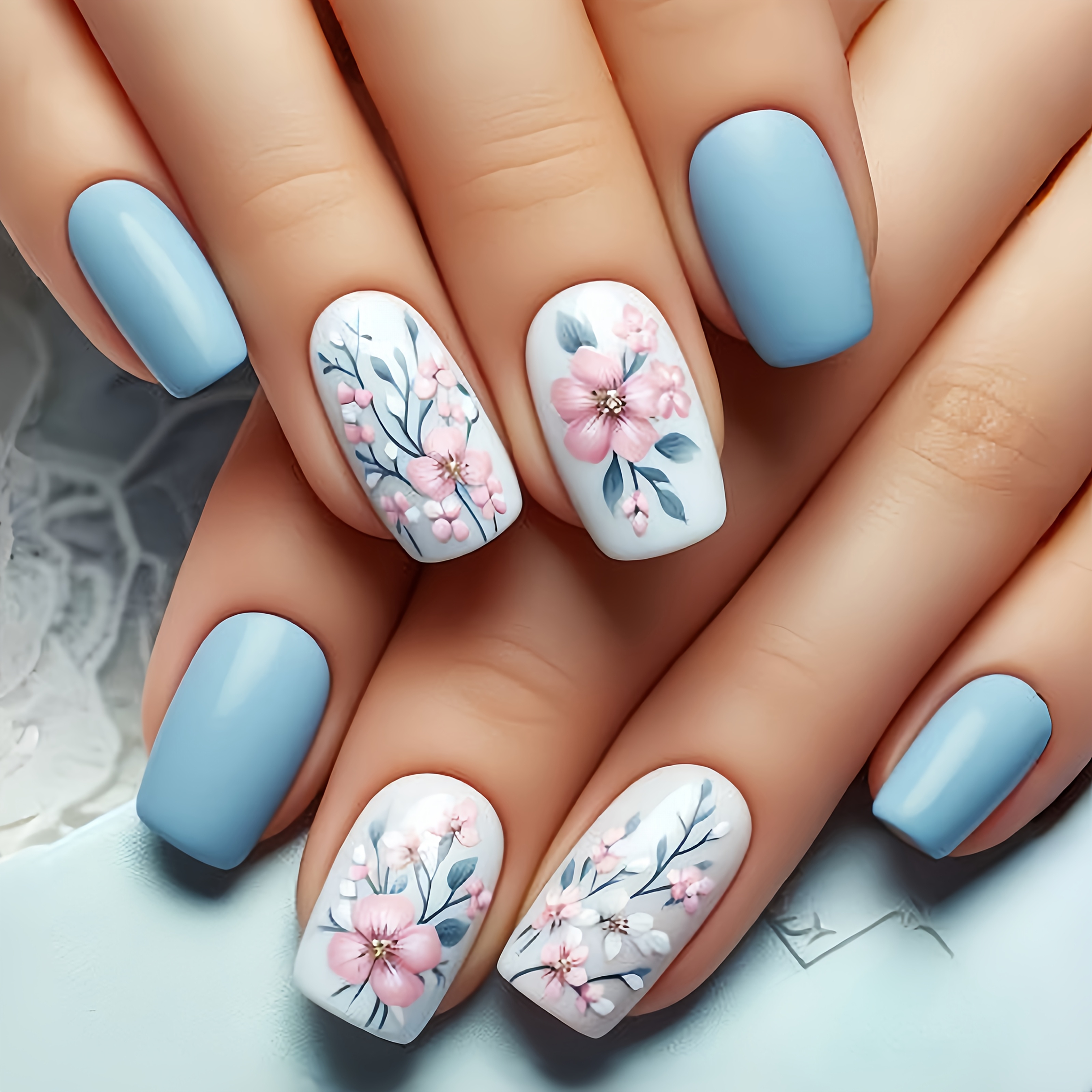 

24pcs Press-on Nails Set, Blue Square Shape, Middle Length, Floral & Leaf Patterns, Removable Fake Nail Tips, Fashionable Nail Art For Spring/summer