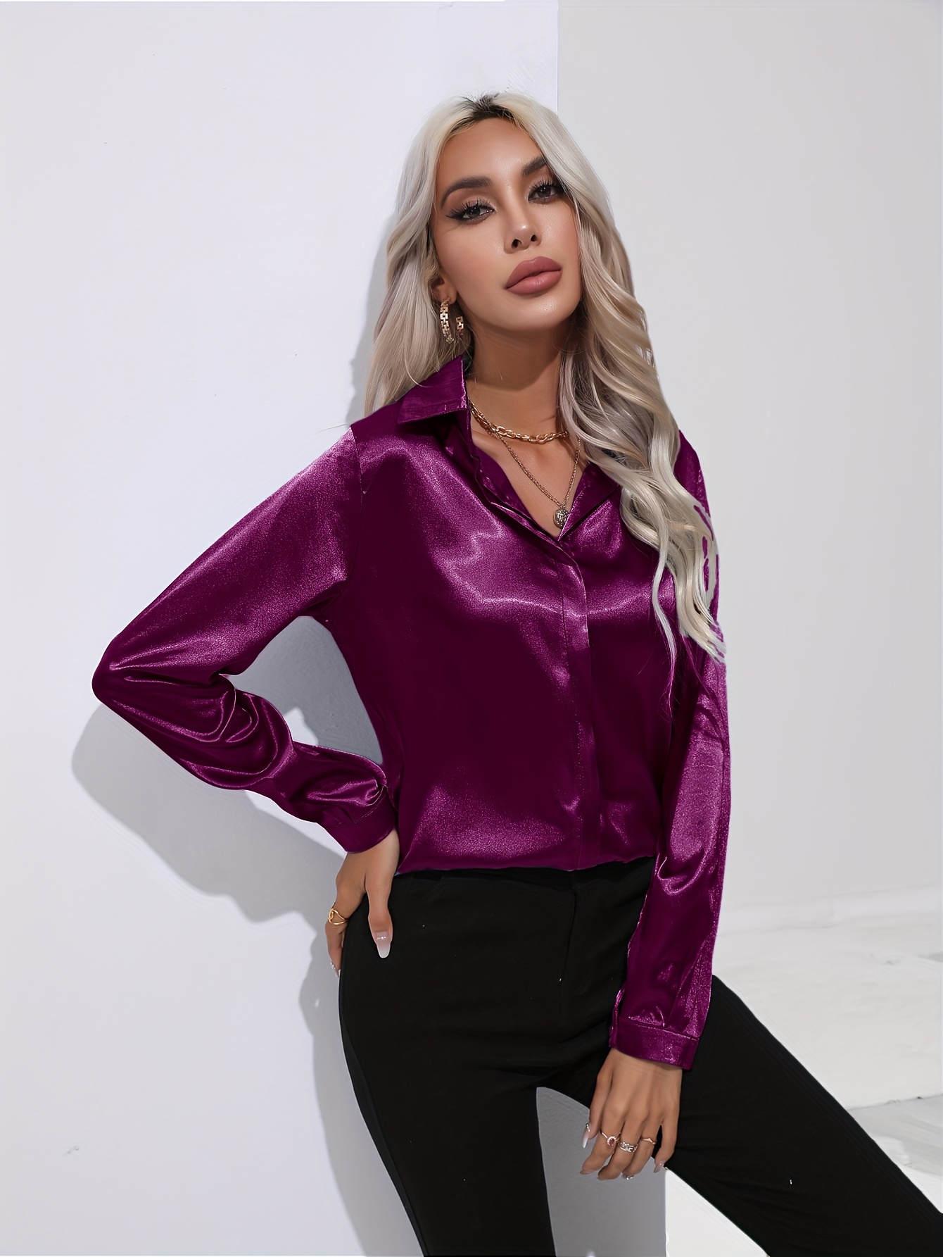 Elegant Red Satin Long Sleeve Blouse for Women Smooth Shiny Fabric,  Classic Button-Up Collar Design, Machine Washable Versatile Style, F