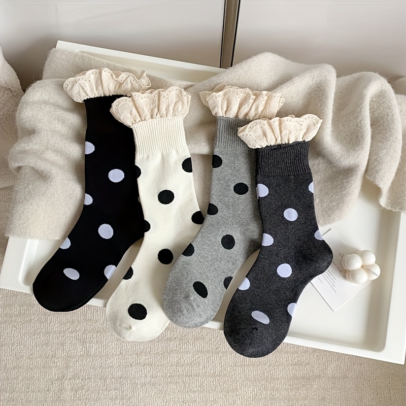 TEMU 4-pair Pack Big Lace Polka Dot Socks Women's Mid-calf Socks [autumn Winter] Women's Lace Socks Jk Girly Scrunch Socks