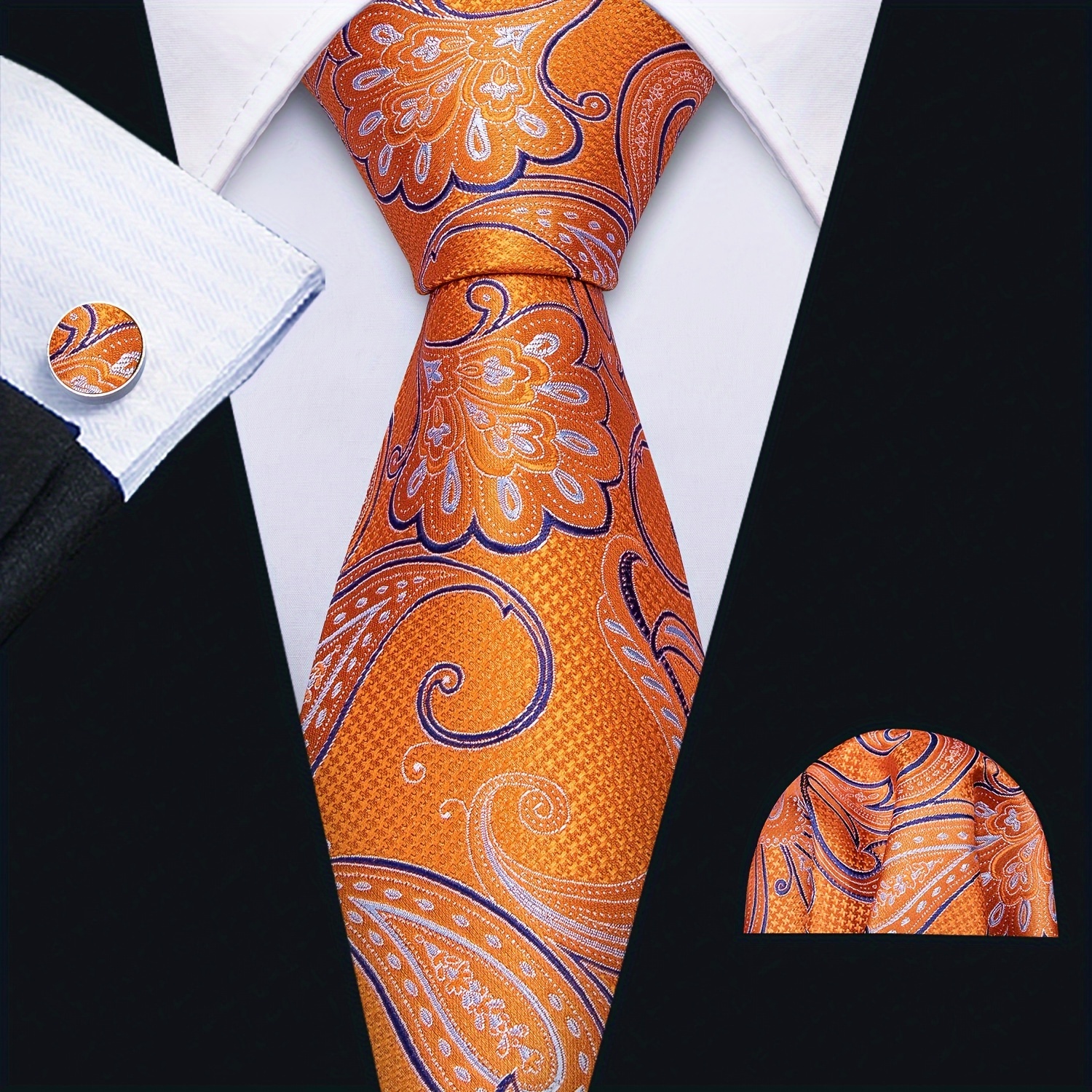 Men's Orange Necktie With Matching Pocket Square & Cufflinks - Solid Color Business Dress Accessory, Elegant Formal Party Wedding Suit Tie For Professional Attire -