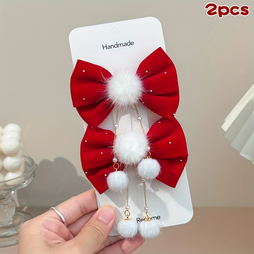 Image of 2pcs Velvet Glitter Hair Bow Clips Stylish White Plush Bow Hair Barrettes For Versatile Hair Additions For Daily Wear Party Outfits Gift