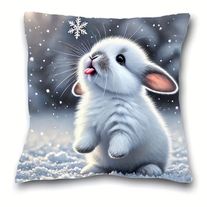 TEMU Housse de coussin de Noël avec motif de lapin dans une scène hivernale de neige, 18*18 pouces, en tissu polyester , avec fermeture éclair,