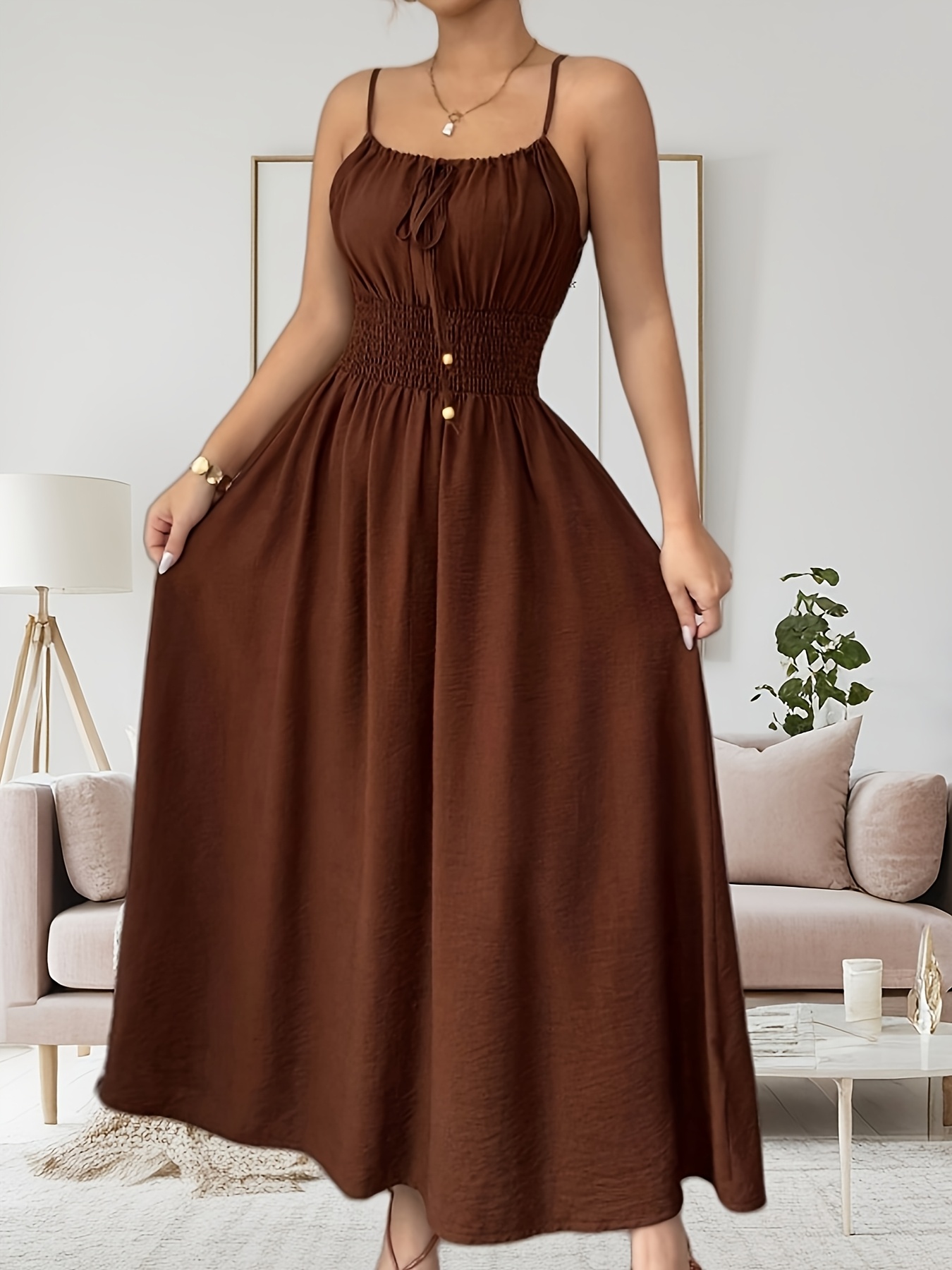 vestido elegante café mujer frontal Temu Mexico