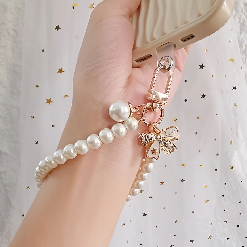 

Elegant Pearl Phone Lanyard With Pendant, Stylish Beaded Wrist Strap, Keychain Cell Phone Charm, Fashion Accessory