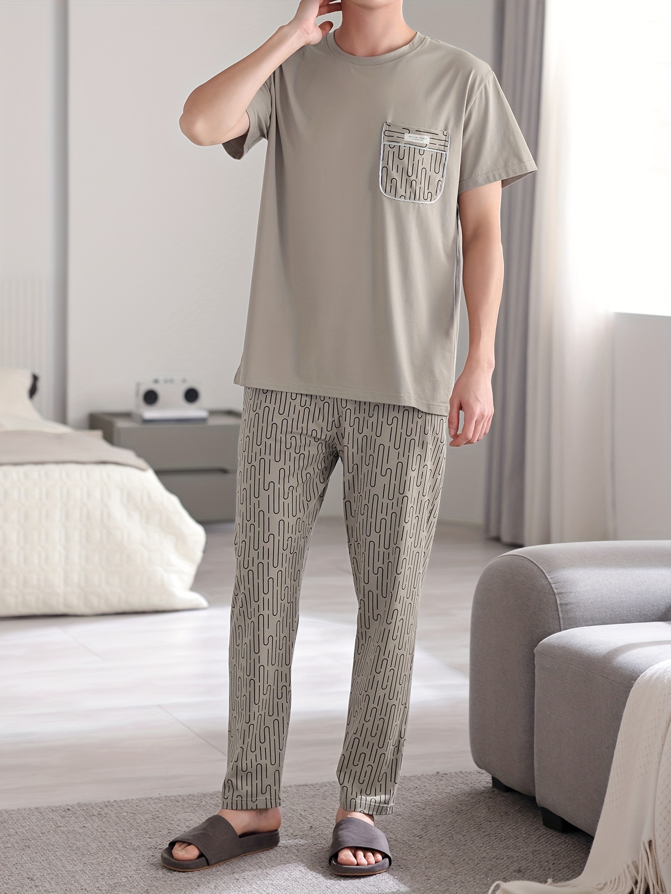 Men's Lightweight Cotton Pajama Set - Casual Solid Color Short Sleeve Tee & Pants, Breathable Summer Sleepwear with Pockets