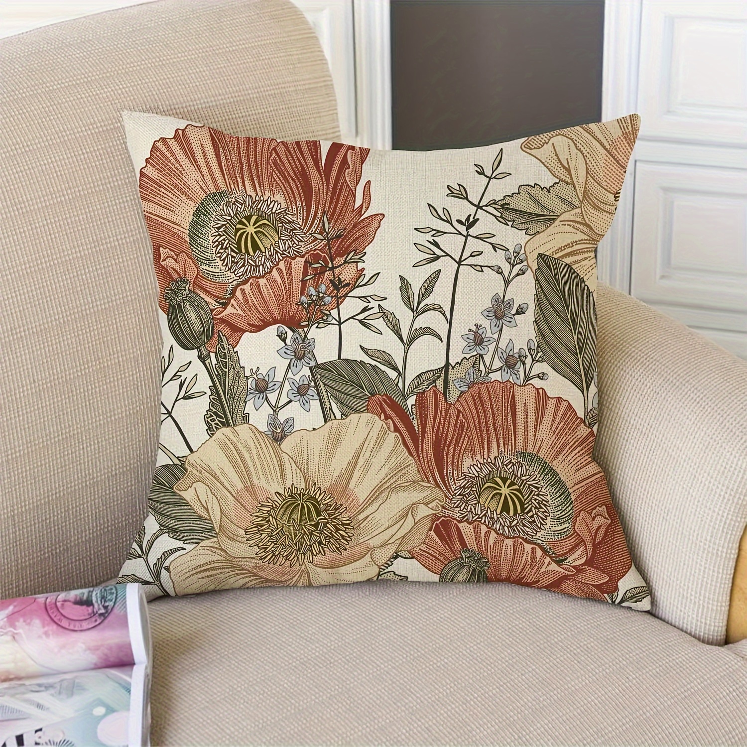 

1pc Vintage Flowers Pillow Cover, Rustic Decorative Square Throw Pillow Cover 18x18 Inch For Sofa Couch Decoration