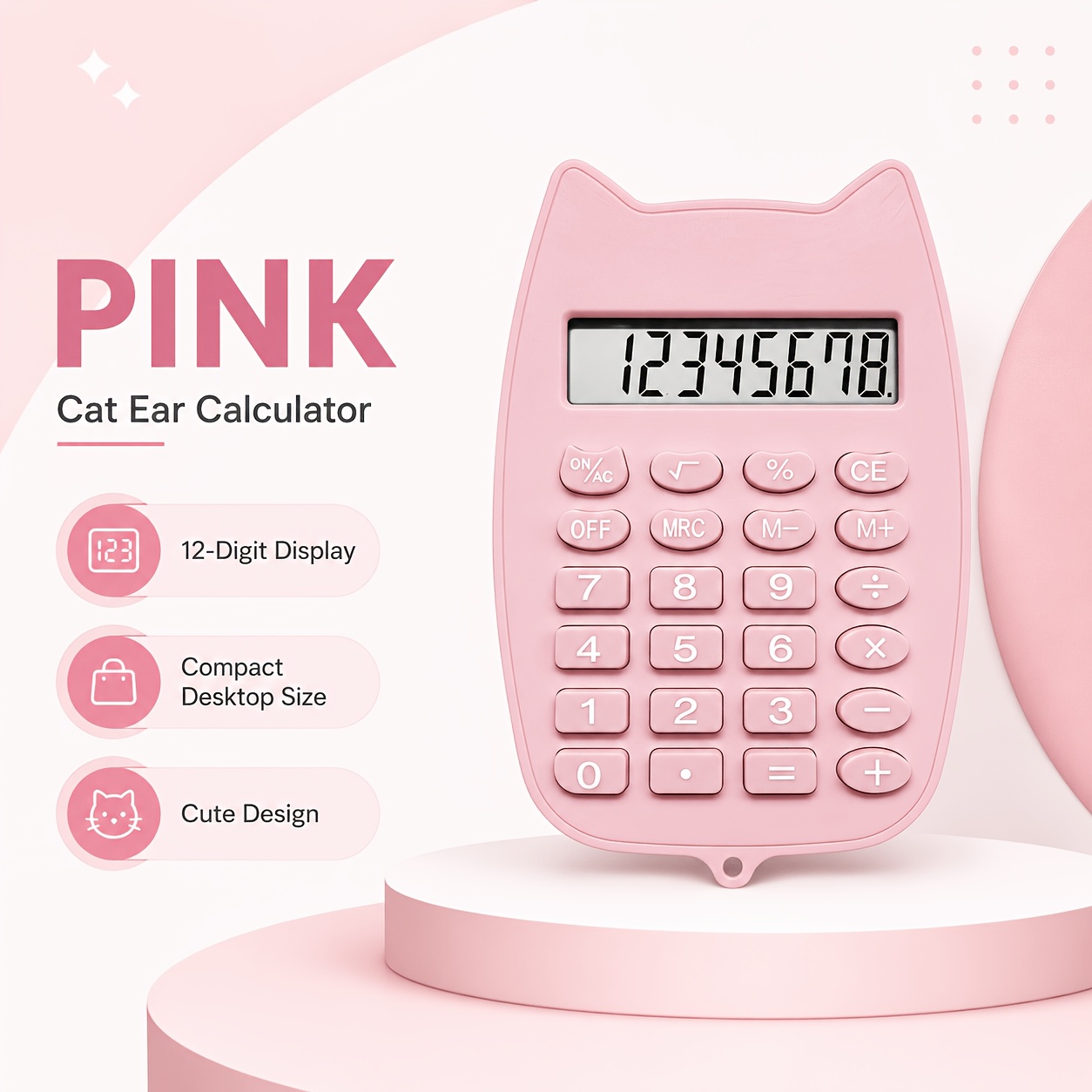 TEMU Cute Cat Ear Calculator With Large Display & 12-digit Capacity - Compact Portable Basic Calculator Suitable For Office, School, Home, (aaa