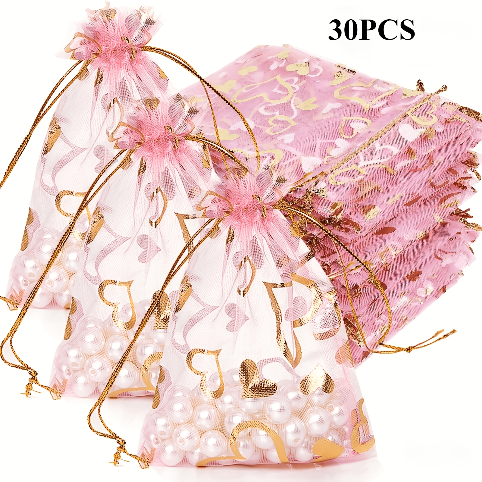 TEMU Gift For Her/him 30 Pink Heart-shaped Gradient Drawstring Bags - Made Of Durable Polyester With Golden Glitter Accents. Perfect For Gifts During
