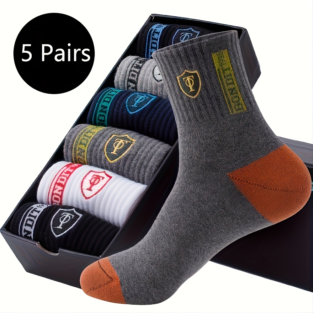 

5 Pairs Men's Hiking Socks, Mid-calf, Anti-odor, Sweat-absorbent, Knit Fabric, Solid Color, Polyester 88%, Elastane 12% , Sweat-resistant