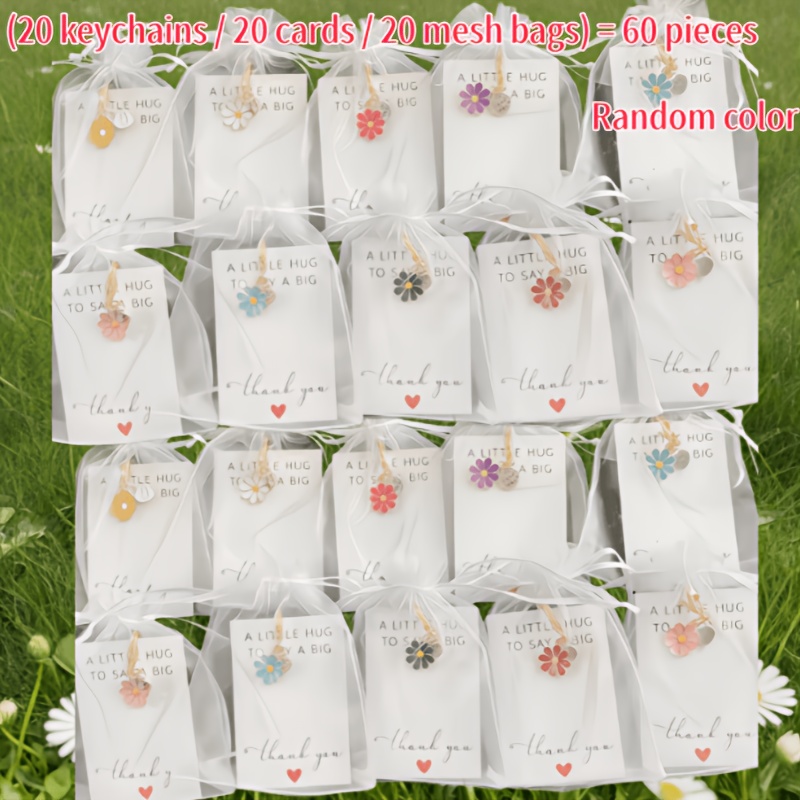 TEMU 60pcs Random Multicolor Thank You Keychain Set - Includes 20 Keychains/20 Cards/20 Organza Bags - Delicate Floral Charms For Men Women, Lobster
