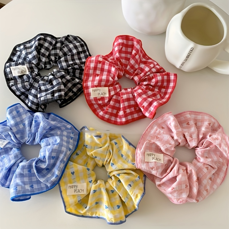 TEMU 5 pezzi Scrunchies per capelli con stampa a cuore a quadri morbidi - Assortimento di colori casuali, elastici per capelli in tessuto , simpatici