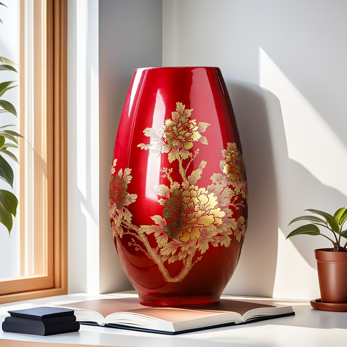 TEMU A Stylish Red Ceramic Vase Featuring A Golden - It Has A Sleek Finish, Vintage , And Is Ideal For Enhancing The Decor Of Living Rooms Or
