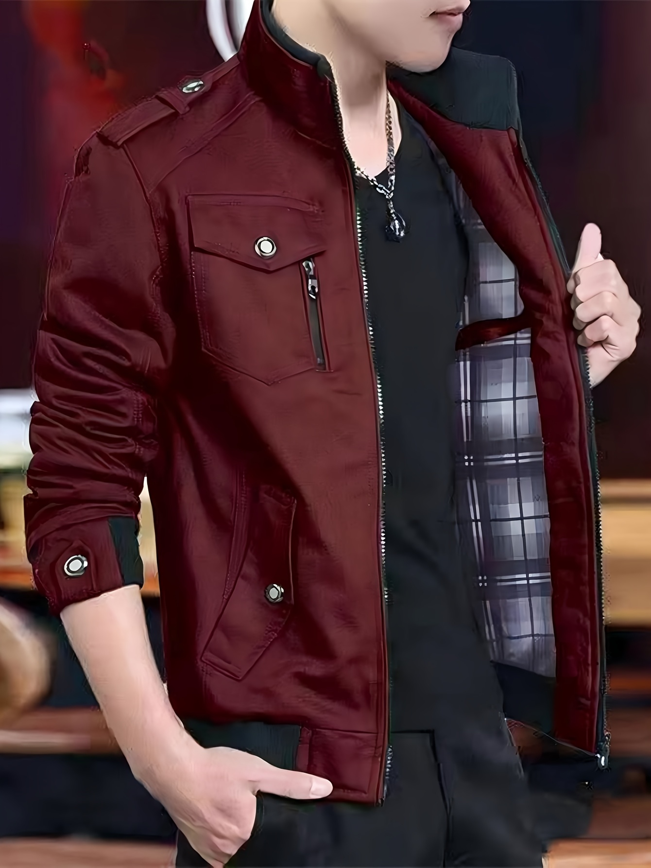 Chaqueta Bomber de Trabajo para Hombre, con Cuello Alto, Múltiples Bolsillos, Estilo Maroon, Cierre con Cremallera, Mangas Largas, Abrigo Casual para Otoño/Invierno, Chaqueta Bomber para Invierno